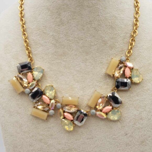 J Crew Gold, Tan, Gray, Pink Iridescent Crystal Statement Necklace - Picture 10 of 11